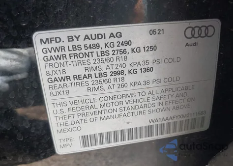 2021 Audi Q5 Premium 45 Tfsi Quattro S Tronic z USA, uszkodzony, nr VIN WA1AAAFYXM2111583